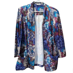 Vintage Tan Jay Floral Silky Open Front Cardigan  with Shoulder Pads Woman 14